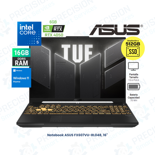 Laptop ASUS FX607VU-RL048|16" WUXGA Value IPS|Core 5 210H | 16GB RAM DDR5-5200| 512GB SSD| Video NVIDIA GeForce RTX 4050 (6GB GDDR6)